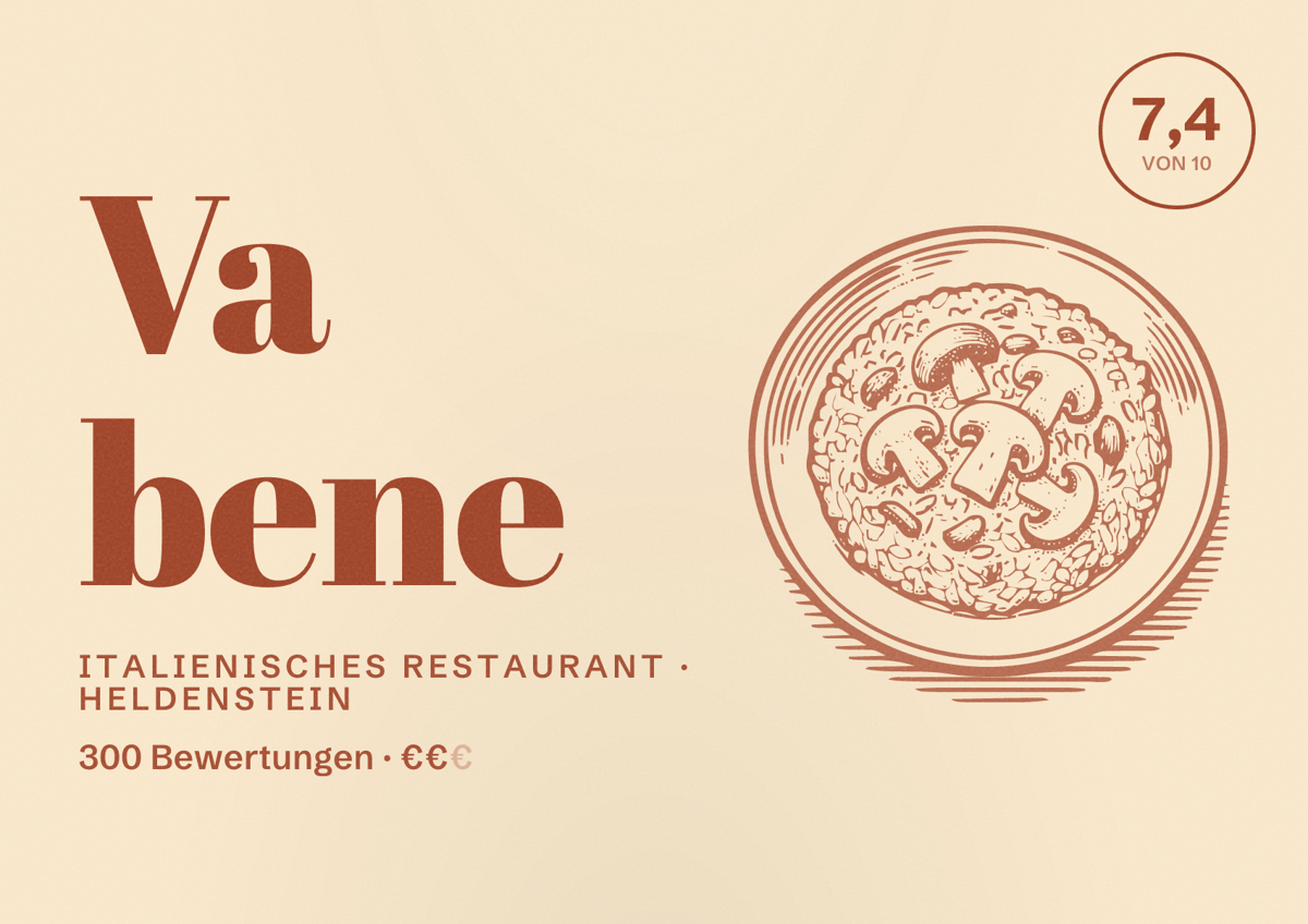 Illustriertes Poster von Va bene, Italienisches Restaurant in Heldenstein: Bewertung 7,4 von 10 aus 300 Bewertungen, Preisniveau €€