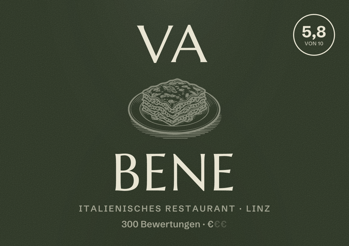 Illustriertes Poster von Va Bene, Italienisches Restaurant in Linz: Bewertung 5,8 von 10 aus 300 Bewertungen, Preisniveau €