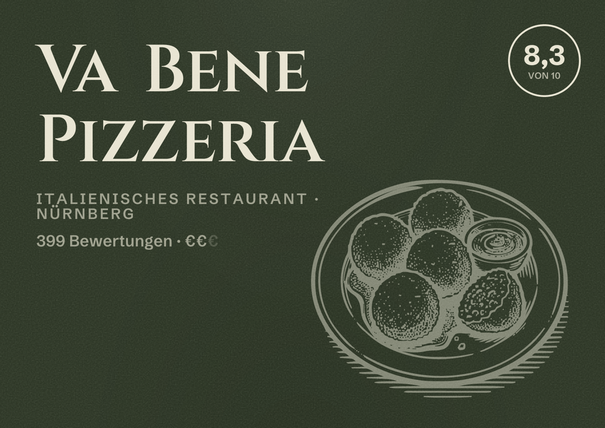 Illustriertes Poster von Va Bene Pizzeria, Italienisches Restaurant in Nürnberg: Bewertung 8,3 von 10 aus 399 Bewertungen, Preisniveau €€