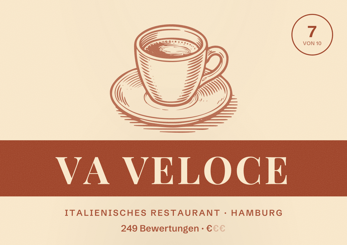 Illustriertes Poster von Va Veloce, Italienisches Restaurant in Hamburg: Bewertung 7,0 von 10 aus 249 Bewertungen, Preisniveau €