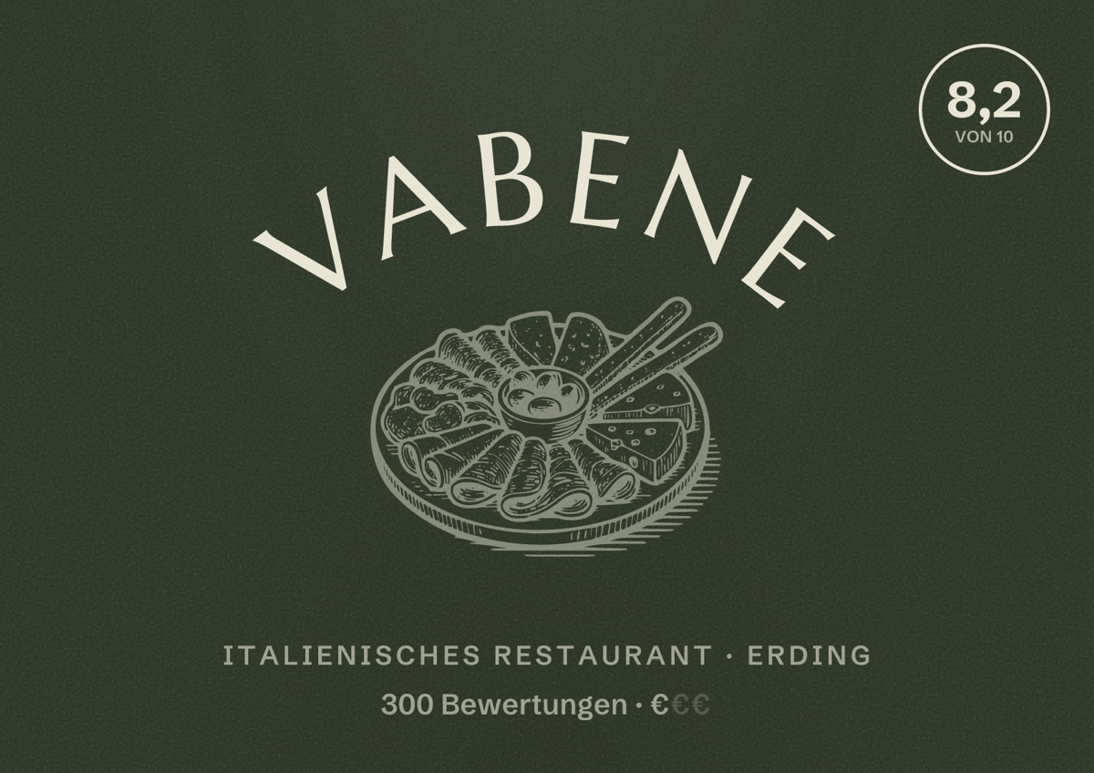 Illustriertes Poster von Vabene, Italienisches Restaurant in Erding: Bewertung 8,2 von 10 aus 300 Bewertungen, Preisniveau €