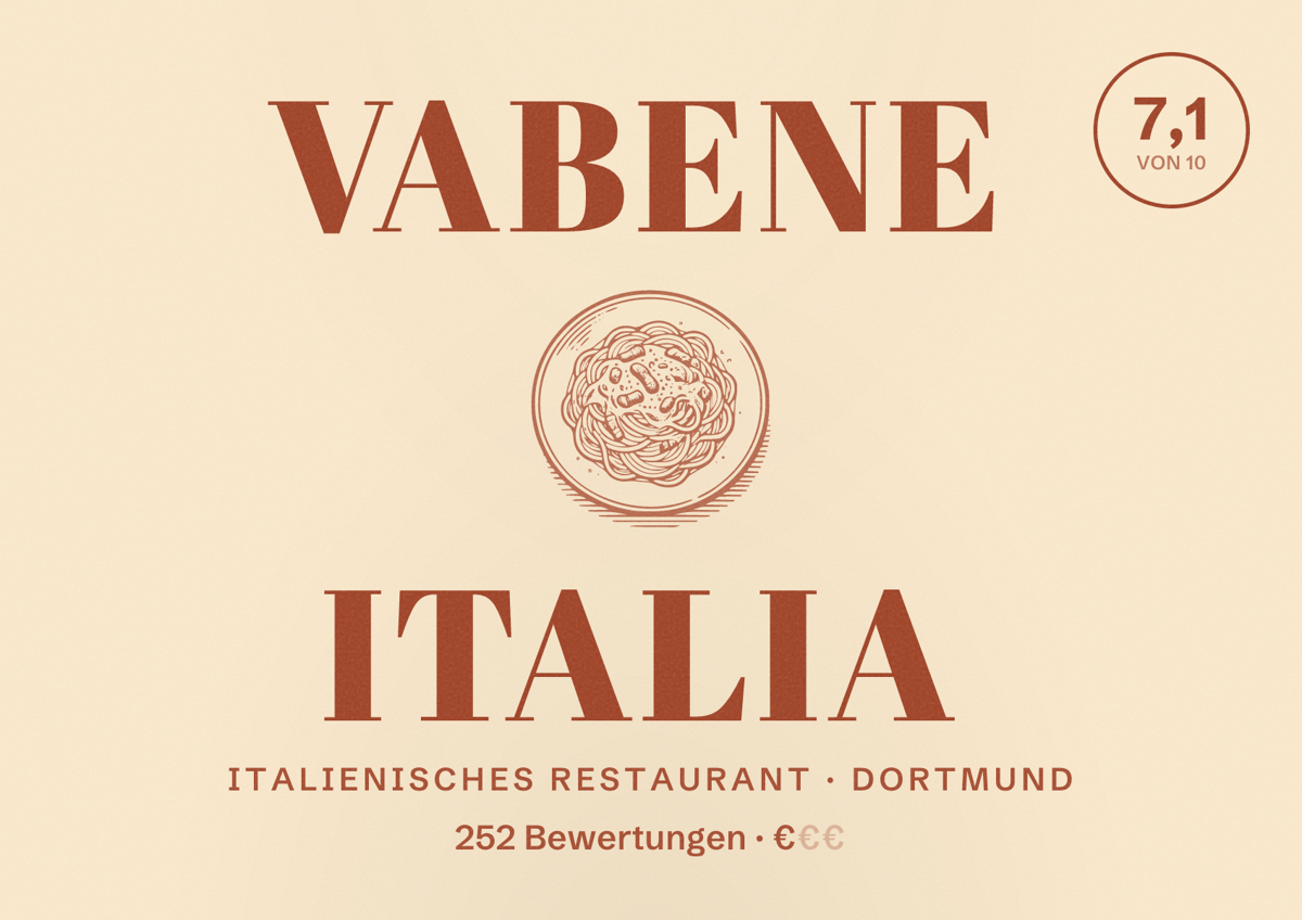 Illustriertes Poster von Vabene Italia, Italienisches Restaurant in Dortmund: Bewertung 7,1 von 10 aus 252 Bewertungen, Preisniveau €