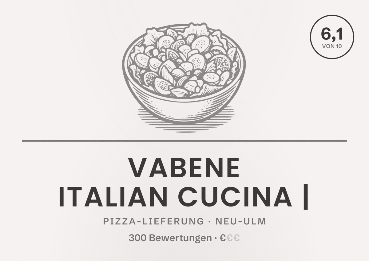 Illustriertes Poster von Vabene Italian Cucina |, Pizza-Lieferung in Neu-Ulm: Bewertung 6,1 von 10 aus 300 Bewertungen, Preisniveau €