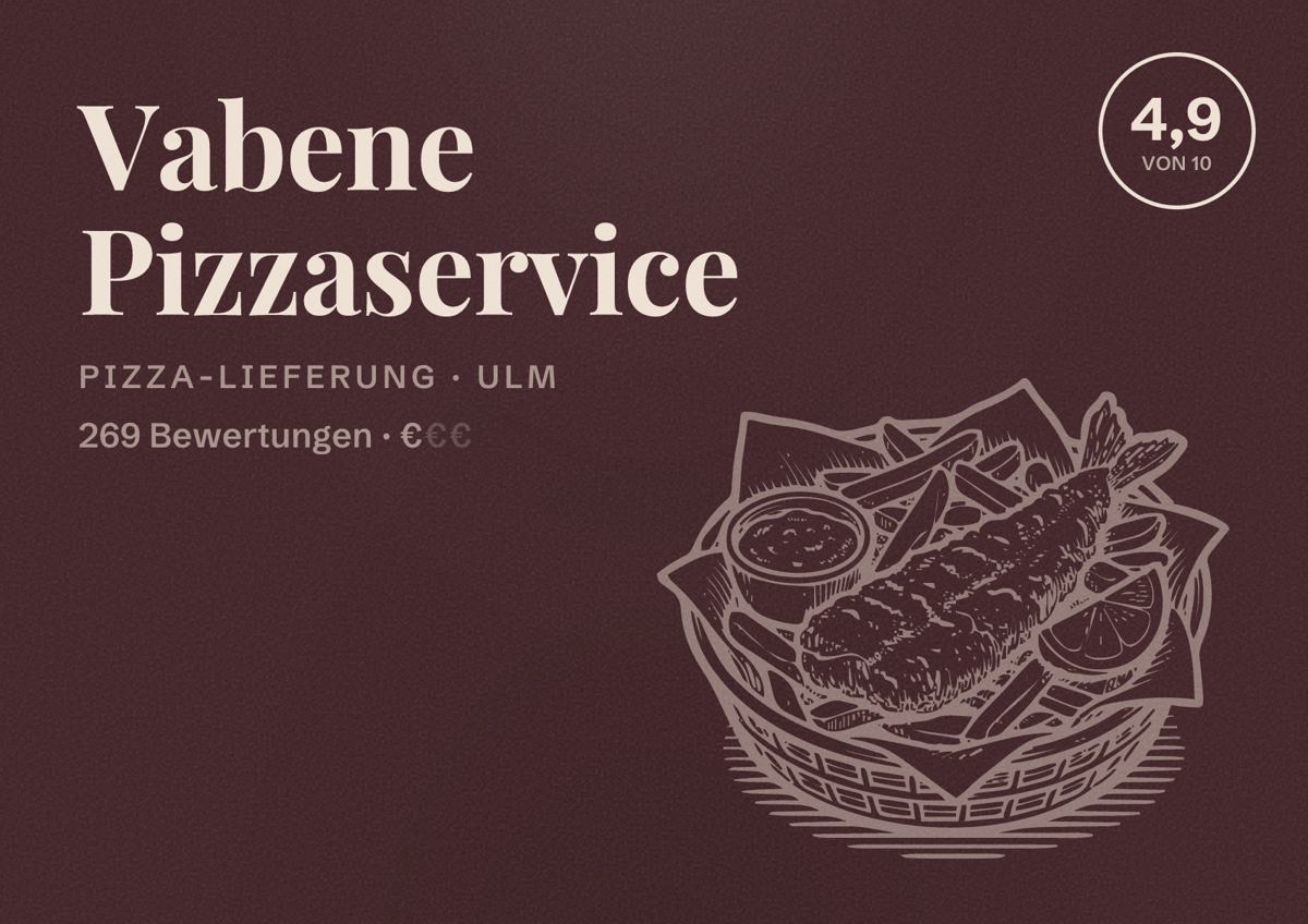 Illustriertes Poster von Vabene Pizzaservice, Pizza-Lieferung in Ulm: Bewertung 4,9 von 10 aus 269 Bewertungen, Preisniveau €