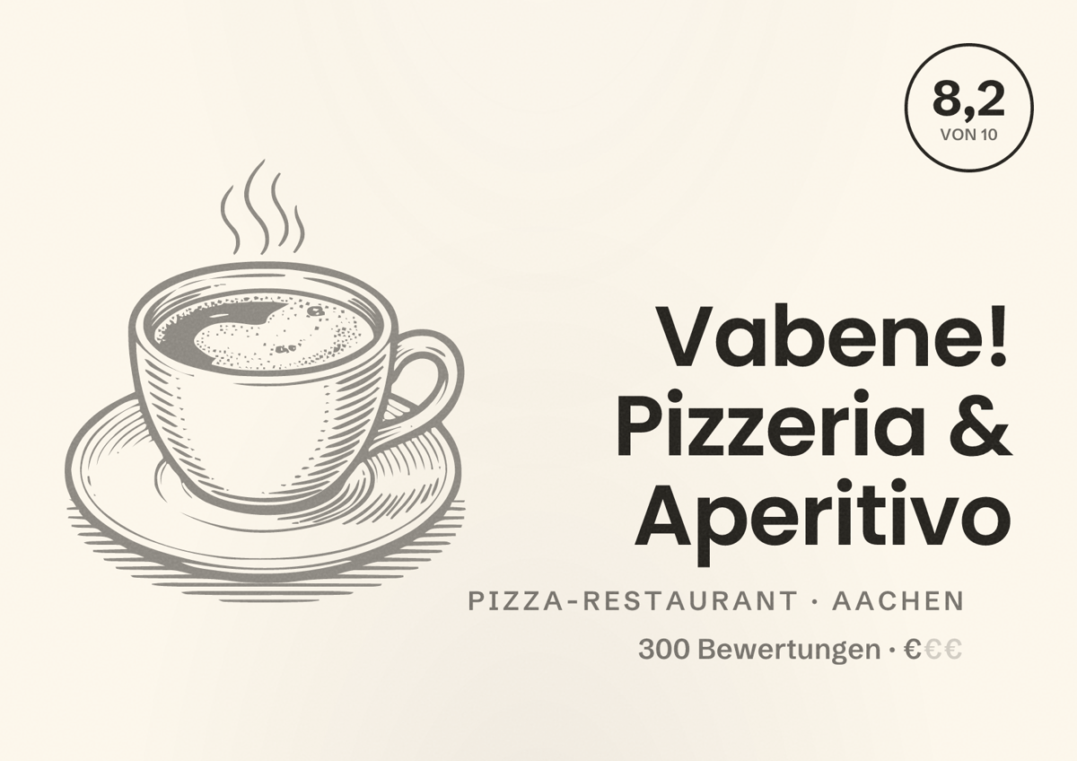 Illustriertes Poster von Vabene! Pizzeria & Aperitivo, Pizza-Restaurant in Aachen: Bewertung 8,2 von 10 aus 300 Bewertungen, Preisniveau €
