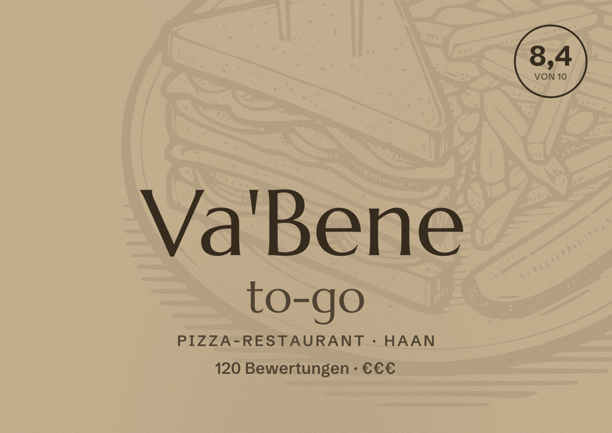 Illustriertes Poster von Va'Bene to-go, Pizza-Restaurant in Haan: Bewertung 8,4 von 10 aus 120 Bewertungen, Preisniveau €€€