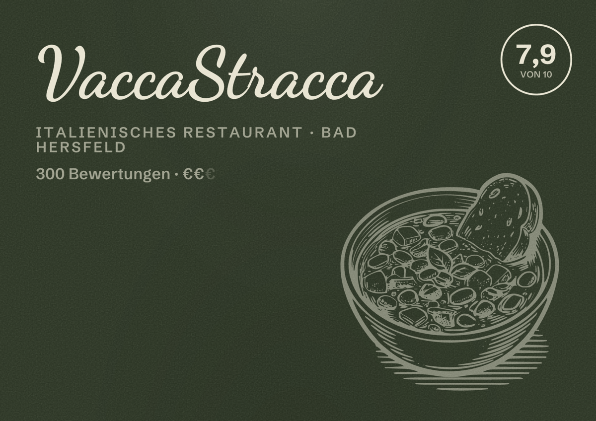 Illustriertes Poster von VaccaStracca, Italienisches Restaurant in Bad Hersfeld: Bewertung 7,9 von 10 aus 300 Bewertungen, Preisniveau €€