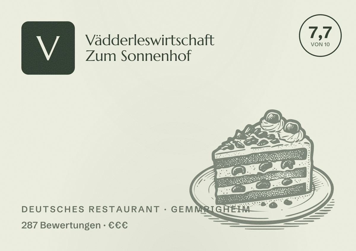 Illustriertes Poster von Vädderleswirtschaft Zum Sonnenhof, Deutsches Restaurant in Gemmrigheim: Bewertung 7,7 von 10 aus 287 Bewertungen, Preisniveau €€€