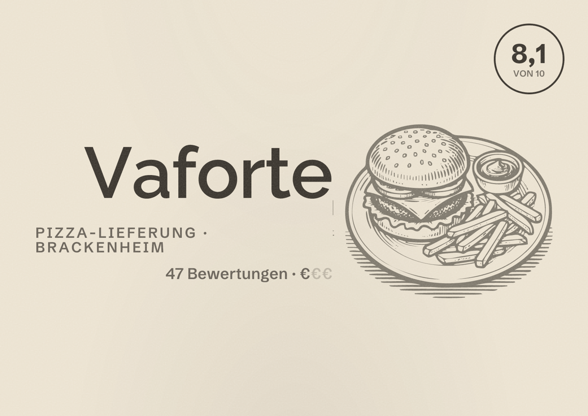 Illustriertes Poster von Vaforte, Pizza-Lieferung in Brackenheim: Bewertung 8,1 von 10 aus 47 Bewertungen, Preisniveau €