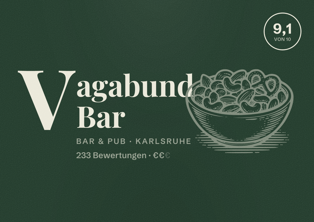 Illustriertes Poster von Vagabund Bar, Bar & Pub in Karlsruhe: Gästebewertung 9,1 von 10 aus 233 Bewertungen
