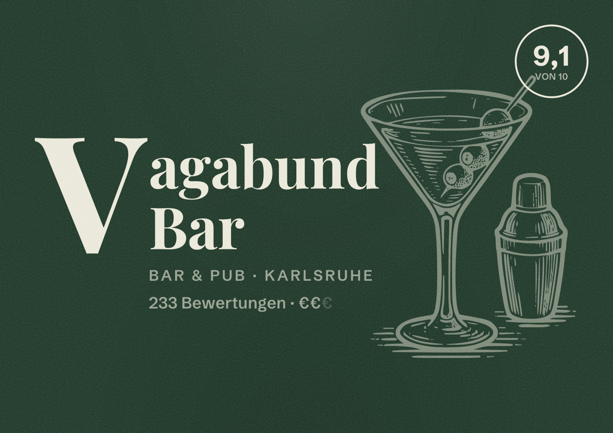 Illustriertes Poster von Vagabund Bar, Bar & Pub in Karlsruhe: Bewertung 9,1 von 10 aus 233 Bewertungen, Preisniveau €€