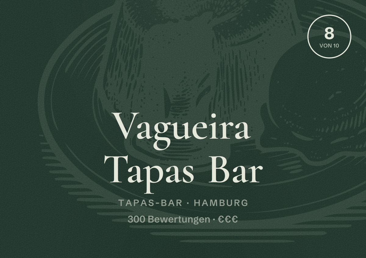 Illustriertes Poster von Vagueira Tapas Bar, Tapas-Bar in Hamburg: Bewertung 8,0 von 10 aus 300 Bewertungen, Preisniveau €€€