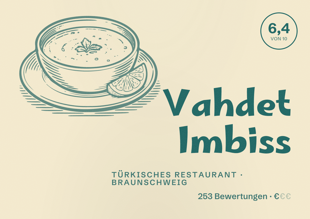 Illustriertes Poster von Vahdet Imbiss, Türkisches Restaurant in Braunschweig: Bewertung 6,4 von 10 aus 253 Bewertungen, Preisniveau €
