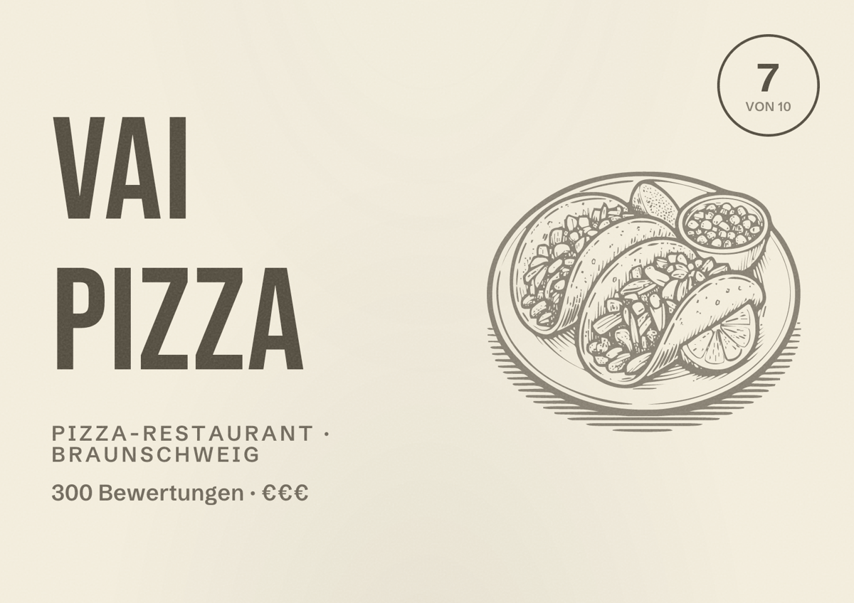 Illustriertes Poster von Vai Pizza, Pizza-Restaurant in Braunschweig: Bewertung 7 von 10 aus 300 Bewertungen, Preisniveau €€€