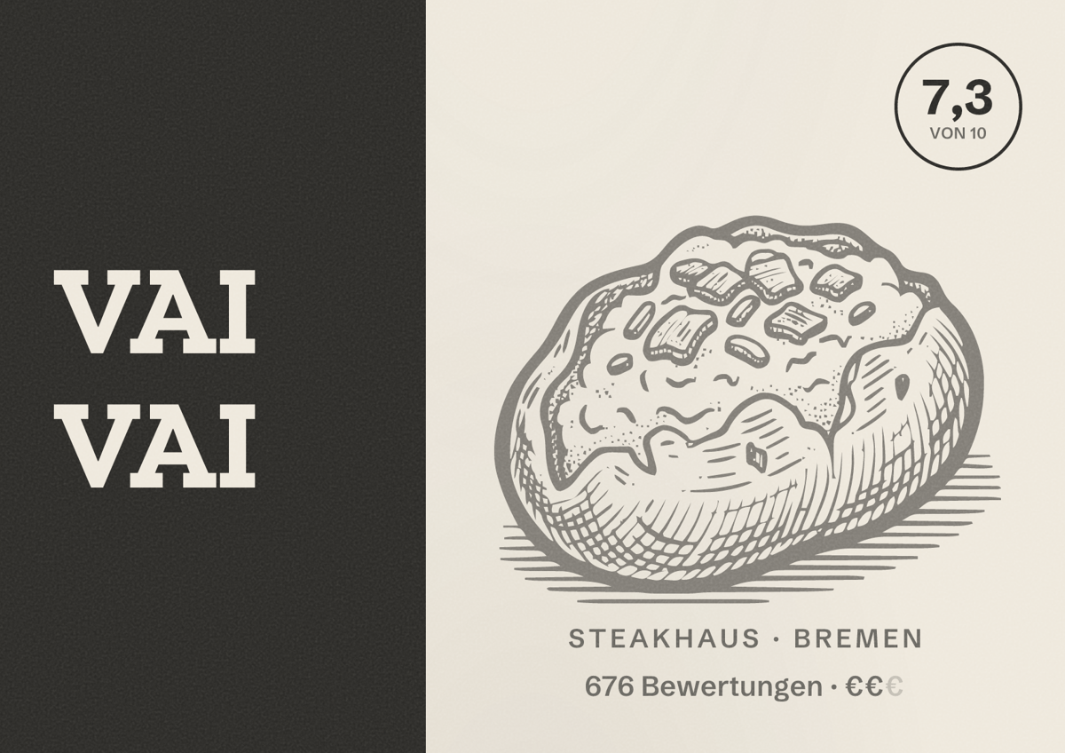 Illustriertes Poster von VAI VAI, Steakhaus in Bremen: Bewertung 7,3 von 10 aus 676 Bewertungen, Preisniveau €€