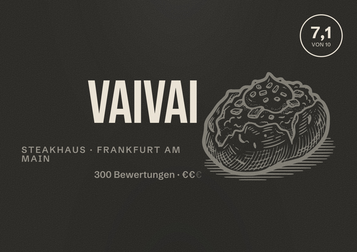 Illustriertes Poster von VAIVAI, Steakhaus in Frankfurt am Main: Bewertung 7,1 von 10 aus 300 Bewertungen, Preisniveau €€