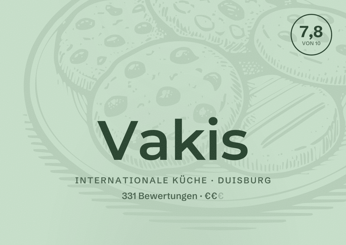 Illustriertes Poster von Vakis, Internationale Küche in Duisburg: Bewertung 7,8 von 10 aus 331 Bewertungen, Preisniveau €€