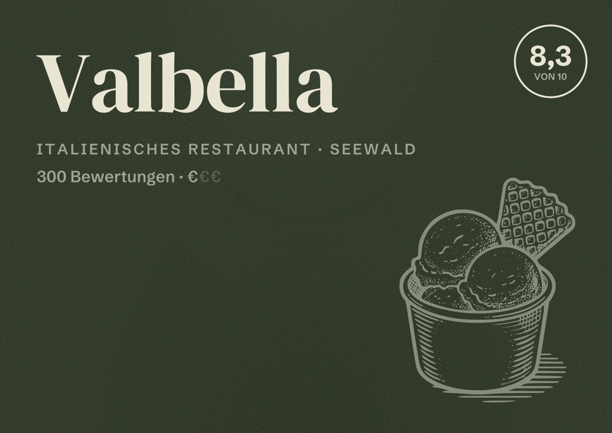 Illustriertes Poster von Valbella, Italienisches Restaurant in Seewald: Bewertung 8,3 von 10 aus 300 Bewertungen, Preisniveau €
