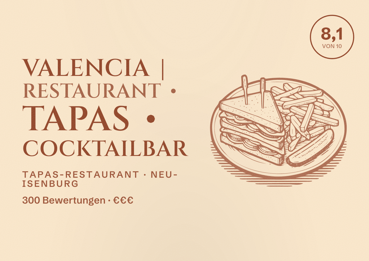 Illustriertes Poster von Valencia | Restaurant • Tapas • Cocktailbar, Tapas-Restaurant in Neu-Isenburg: Bewertung 8,1 von 10 aus 300 Bewertungen, Preisniveau €€€