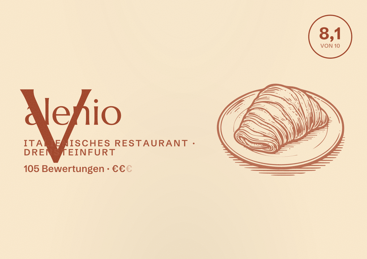 Illustriertes Poster von Valenio, Italienisches Restaurant in Drensteinfurt: Bewertung 8,1 von 10 aus 105 Bewertungen, Preisniveau €€