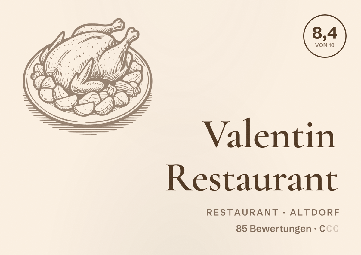 Illustriertes Poster von Valentin Restaurant, Restaurant in Altdorf: Bewertung 8,4 von 10 aus 85 Bewertungen, Preisniveau €