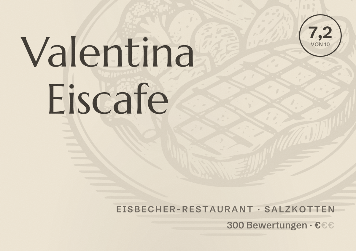 Illustriertes Poster von Valentina Eiscafe, Eisbecher-Restaurant in Salzkotten: Bewertung 7,2 von 10 aus 300 Bewertungen, Preisniveau €