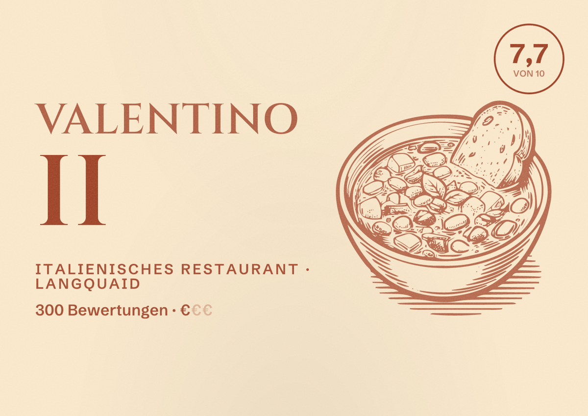 Illustriertes Poster von Valentino II, Italienisches Restaurant in Langquaid: Bewertung 7,7 von 10 aus 300 Bewertungen, Preisniveau €