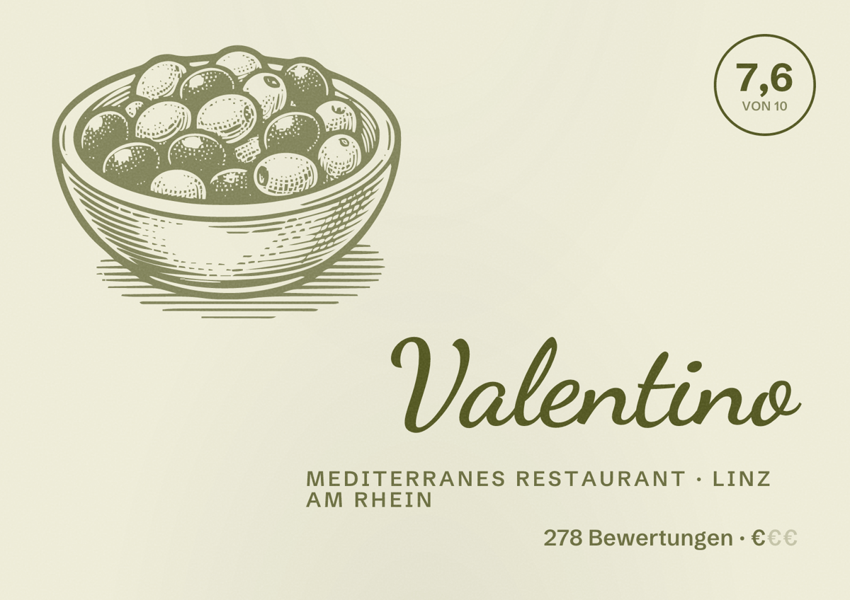 Illustriertes Poster von Valentino, Mediterranes Restaurant in Linz am Rhein: Bewertung 7,6 von 10 aus 278 Bewertungen, Preisniveau €