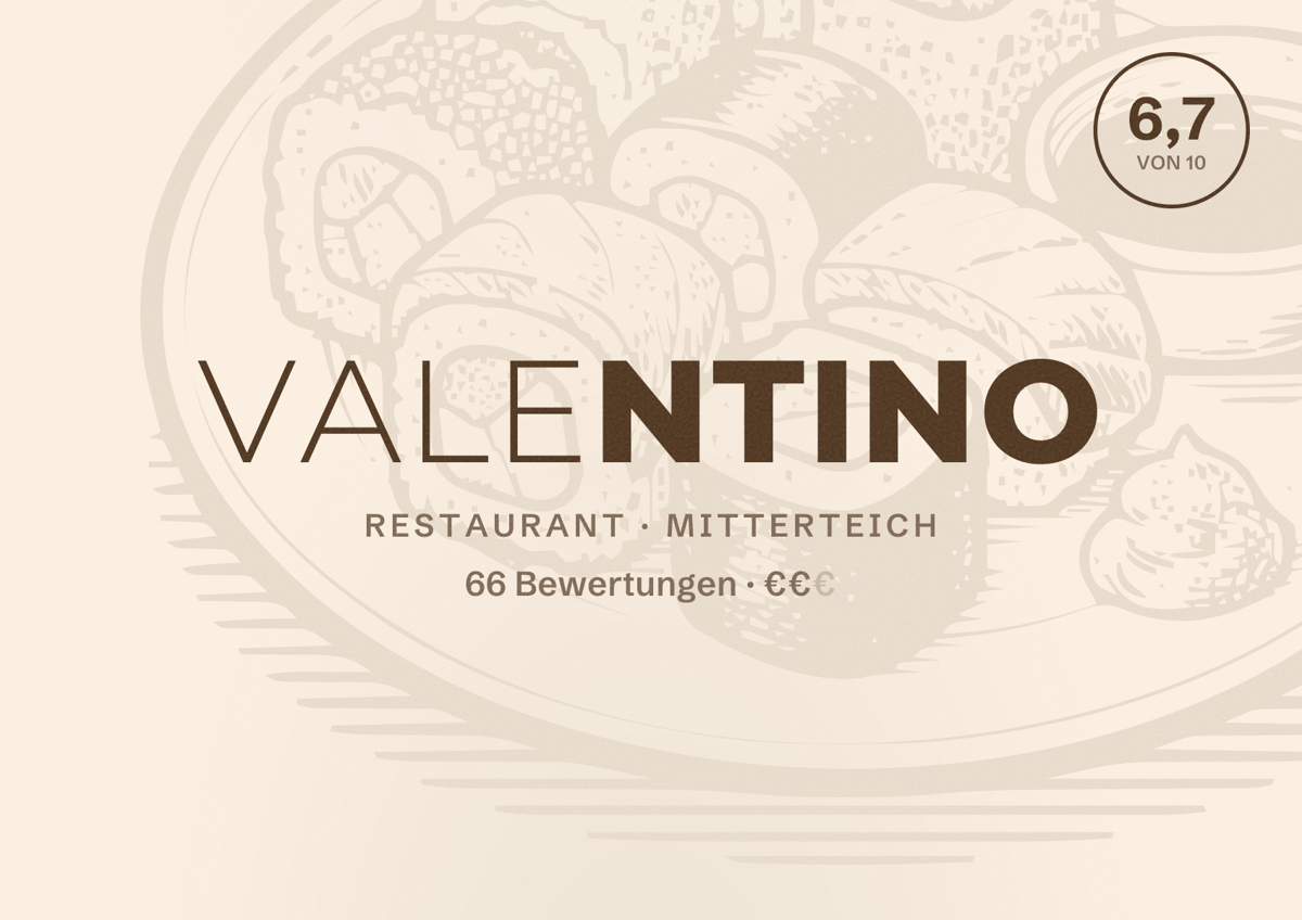 Illustriertes Poster von Valentino, Restaurant in Mitterteich: Bewertung 6,7 von 10 aus 66 Bewertungen, Preisniveau €€