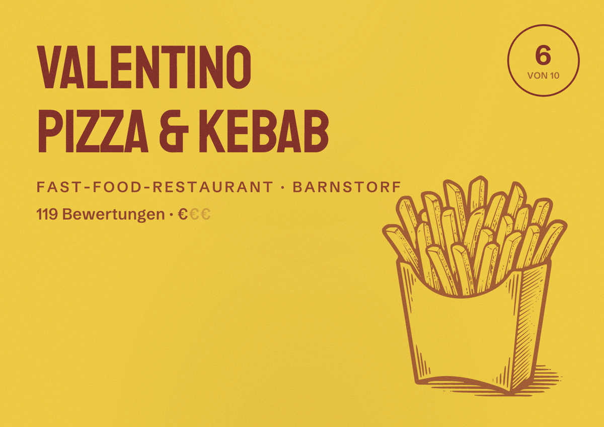 Illustriertes Poster von Valentino Pizza & Kebab, Fast-Food-Restaurant in Barnstorf: Bewertung 6 von 10 aus 119 Bewertungen, Preisniveau €
