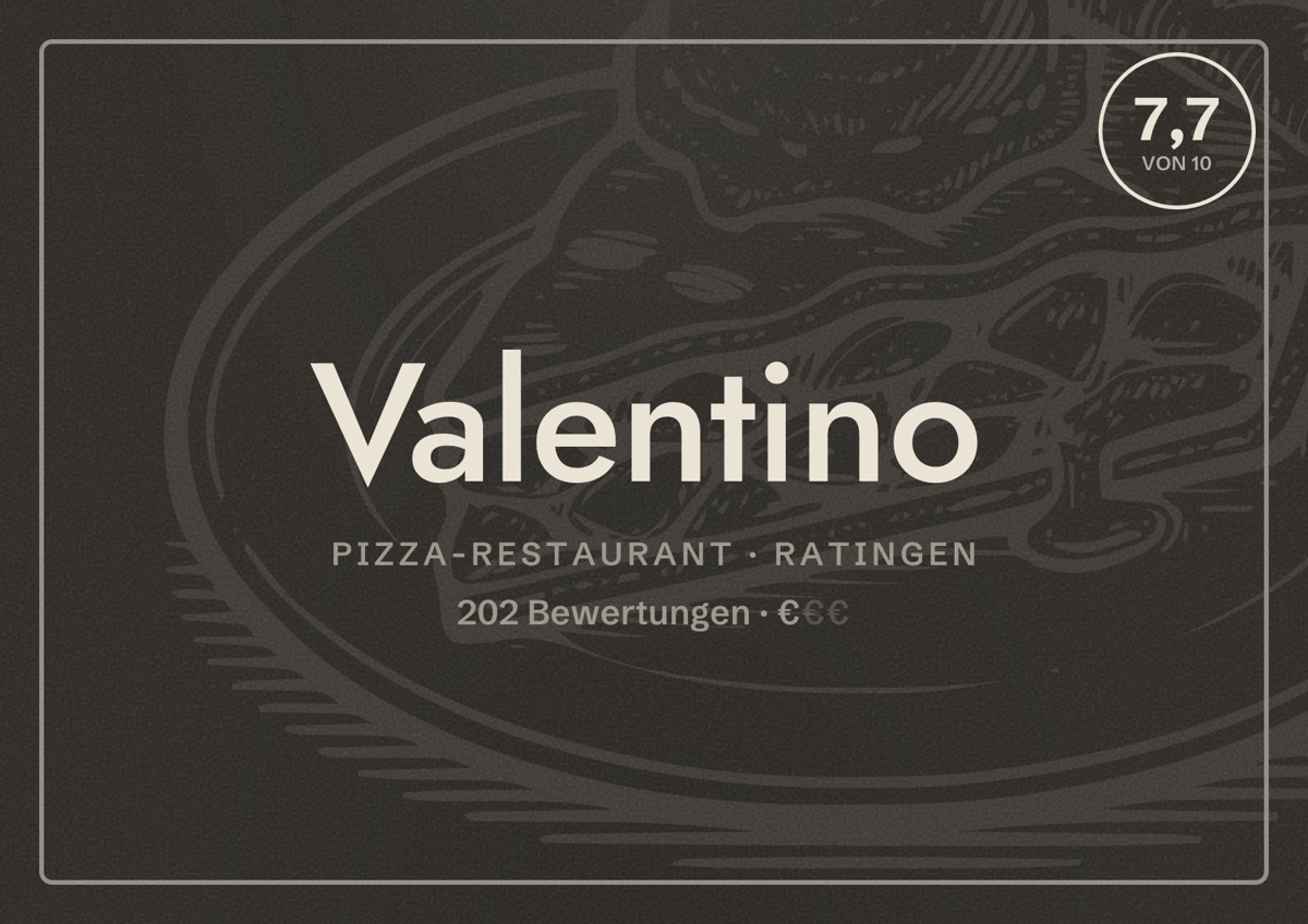 Illustriertes Poster von Valentino, Pizza-Restaurant in Ratingen: Bewertung 7,7 von 10 aus 202 Bewertungen, Preisniveau €