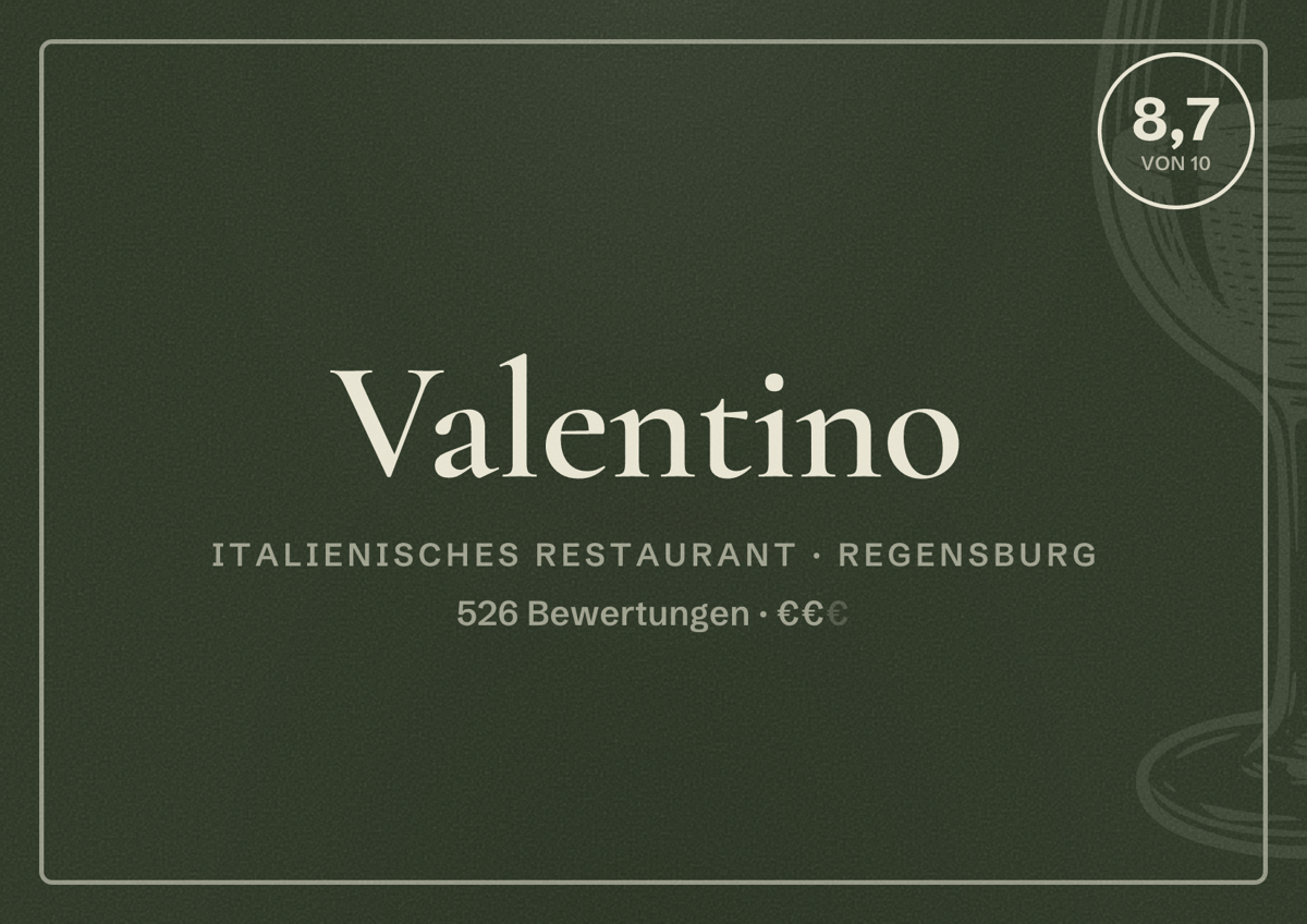 Illustriertes Poster von Valentino, Italienisches Restaurant in Regensburg: Bewertung 8,7 von 10 aus 526 Bewertungen, Preisniveau €€