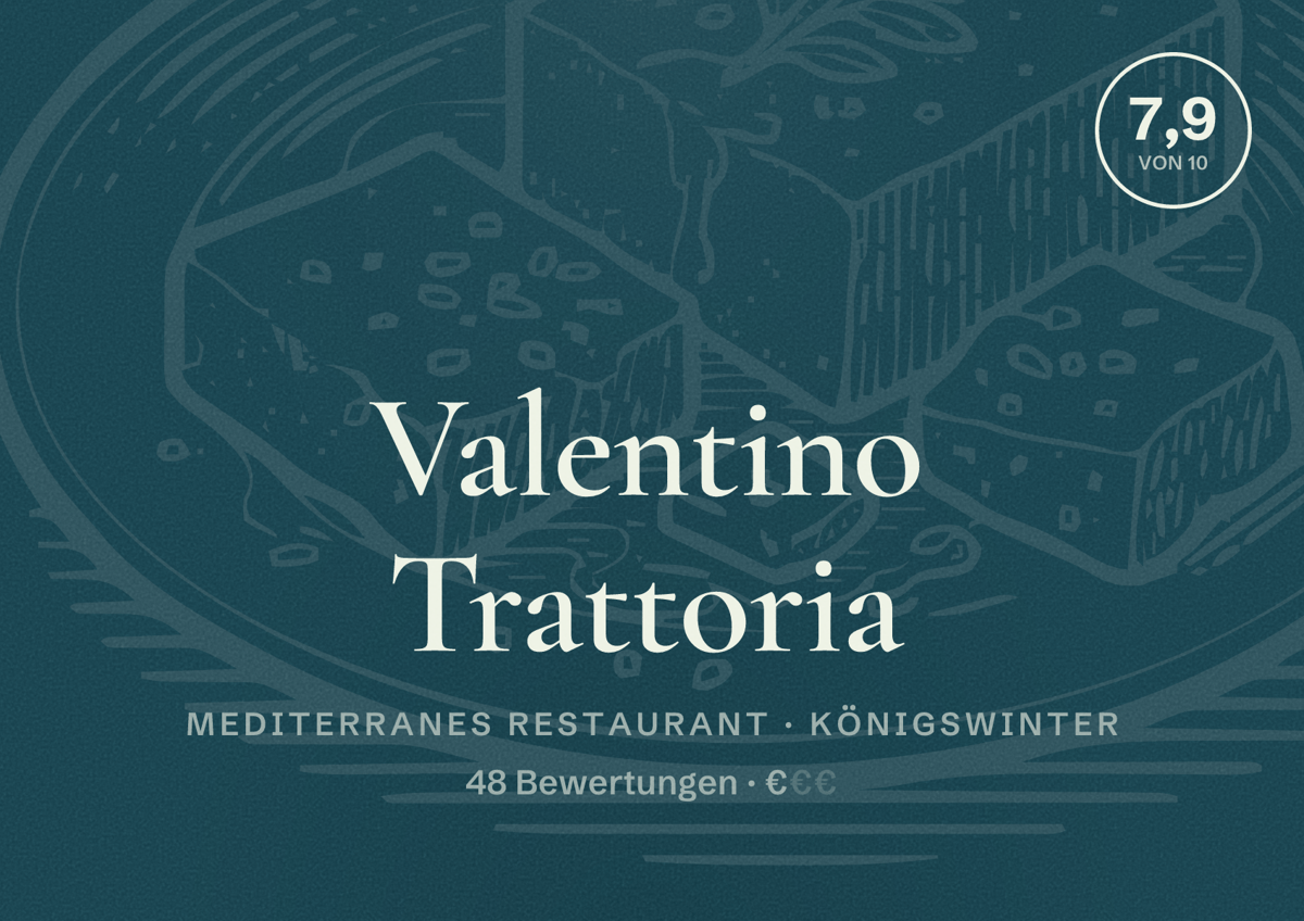 Illustriertes Poster von Valentino Trattoria, Mediterranes Restaurant in Königswinter: Bewertung 7,9 von 10 aus 48 Bewertungen, Preisniveau €