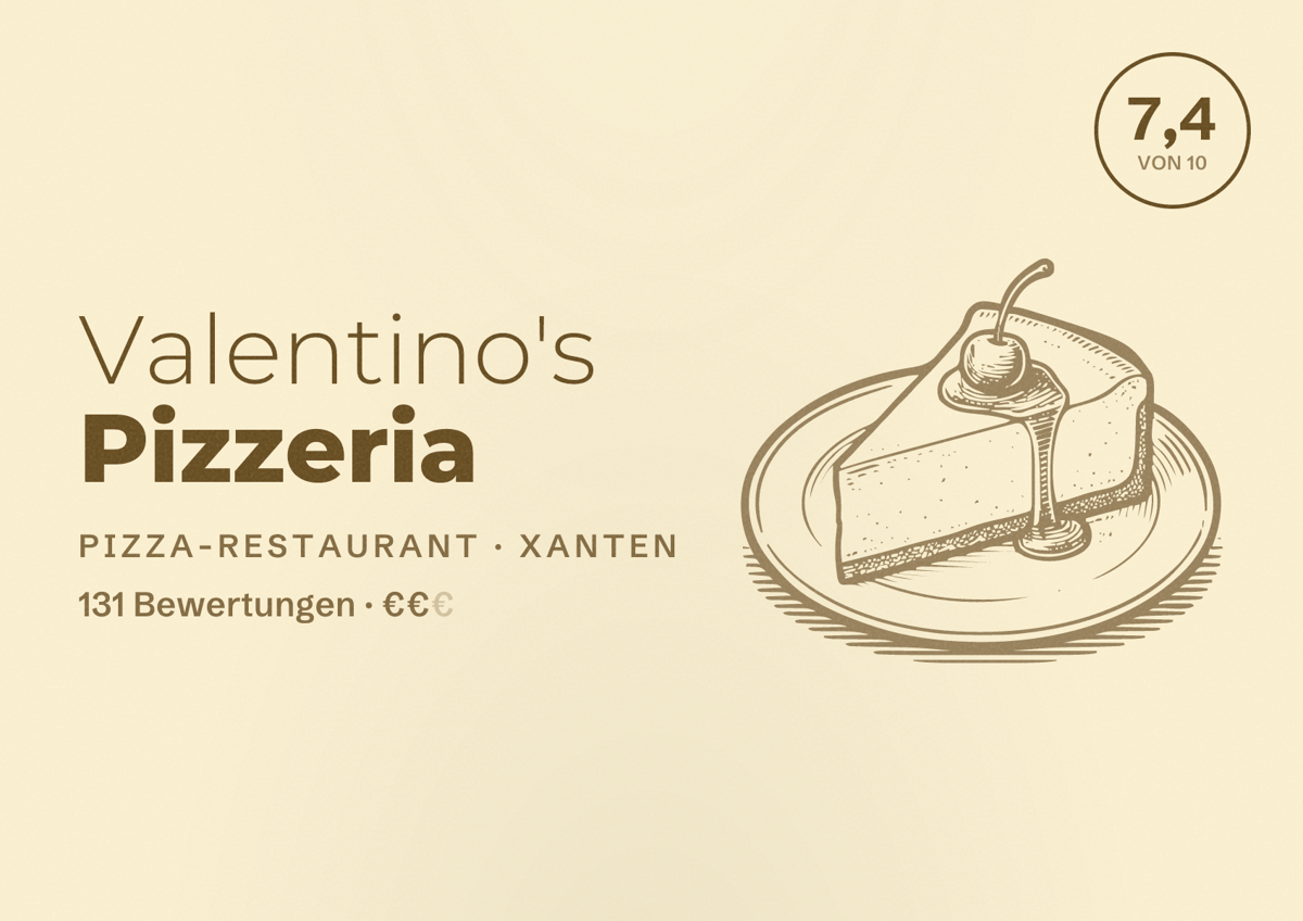 Illustriertes Poster von Valentino's Pizzeria, Pizza-Restaurant in Xanten: Bewertung 7,4 von 10 aus 131 Bewertungen, Preisniveau €€