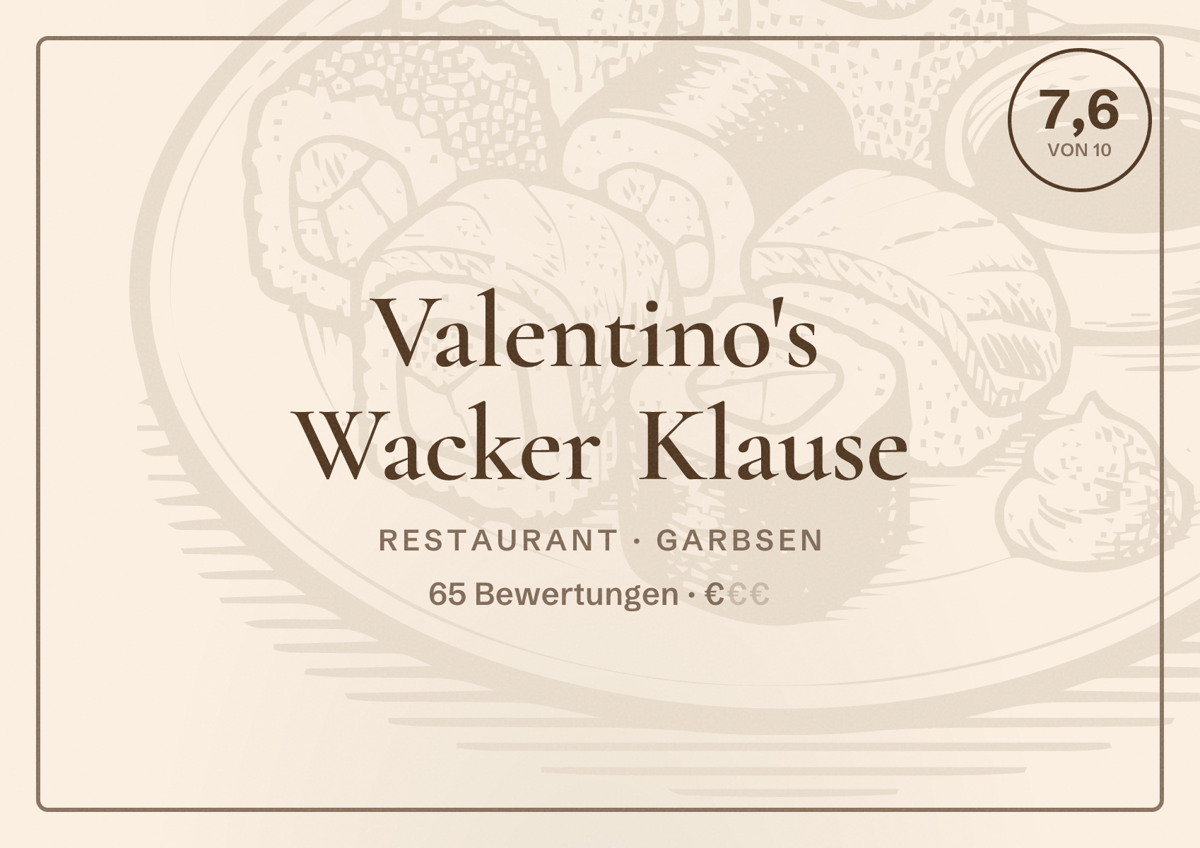 Illustriertes Poster von Valentino's Wacker Klause, Restaurant in Garbsen: Bewertung 7,6 von 10 aus 65 Bewertungen, Preisniveau €