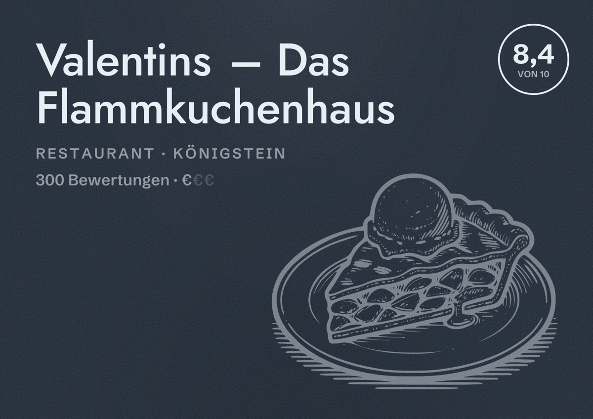 Illustriertes Poster von Valentins – Das Flammkuchenhaus, Restaurant in Königstein: Bewertung 8,4 von 10 aus 300 Bewertungen, Preisniveau €
