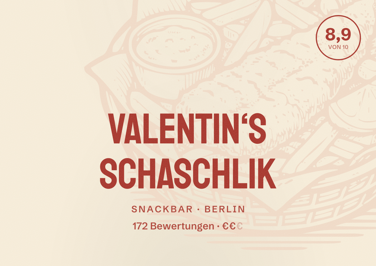 Illustriertes Poster von Valentin‘s Schaschlik, Snackbar in Berlin: Bewertung 8,9 von 10 aus 172 Bewertungen, Preisniveau €€