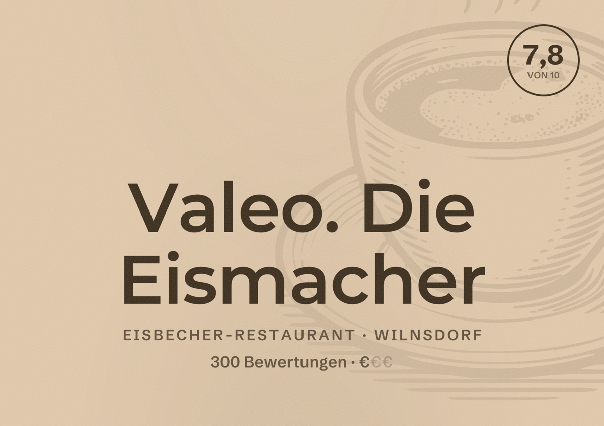 Illustriertes Poster von Valeo. Die Eismacher, Eisbecher-Restaurant in Wilnsdorf: Bewertung 7,8 von 10 aus 300 Bewertungen, Preisniveau €