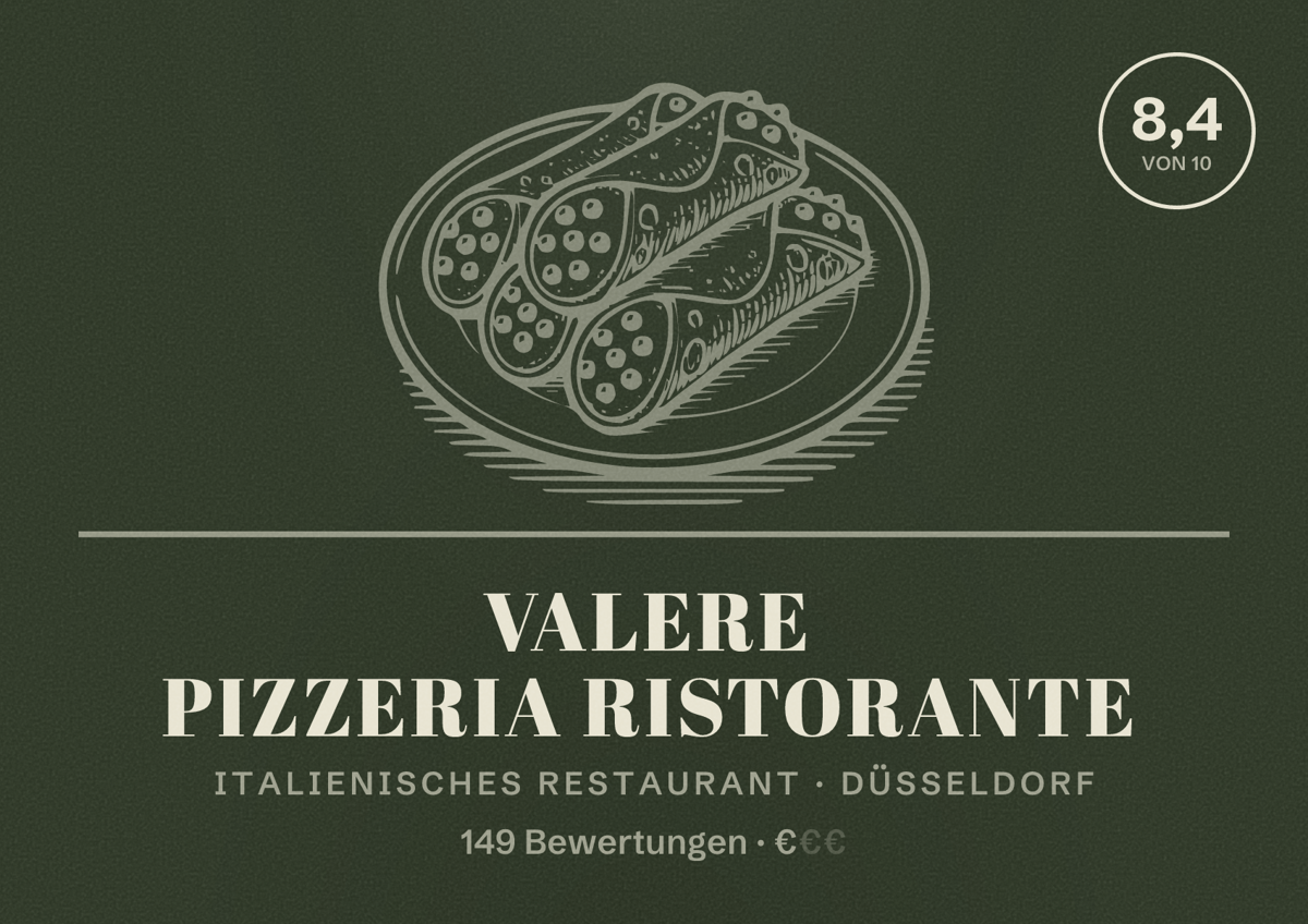 Illustriertes Poster von VALERE Pizzeria Ristorante, Italienisches Restaurant in Düsseldorf: Bewertung 8,4 von 10 aus 149 Bewertungen, Preisniveau €