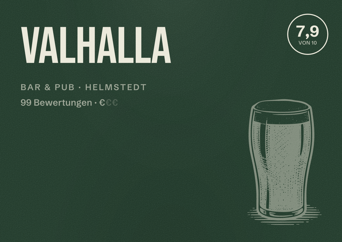 Illustriertes Poster von Valhalla, Bar & Pub in Helmstedt: Bewertung 7,9 von 10 aus 99 Bewertungen, Preisniveau €