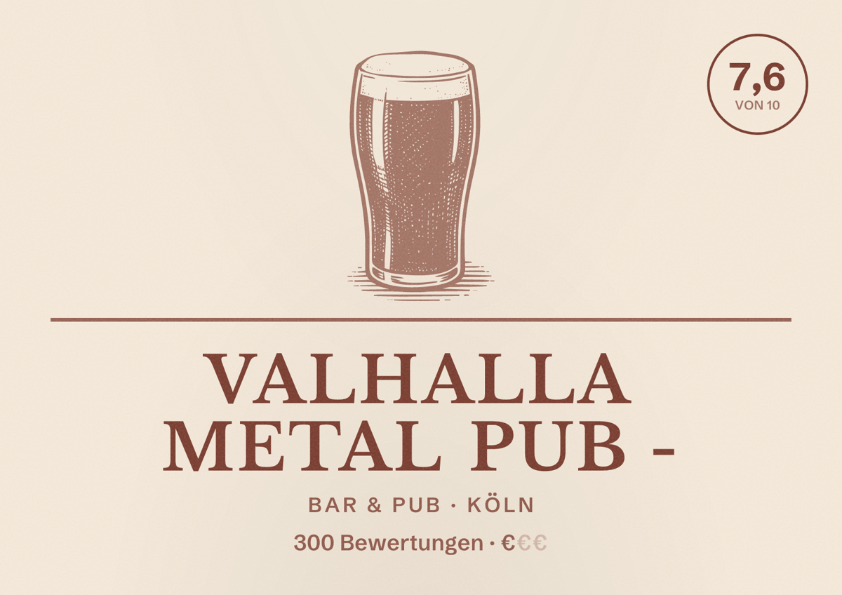 Illustriertes Poster von Valhalla Metal Pub -, Bar & Pub in Köln: Bewertung 7,6 von 10 aus 300 Bewertungen, Preisniveau €