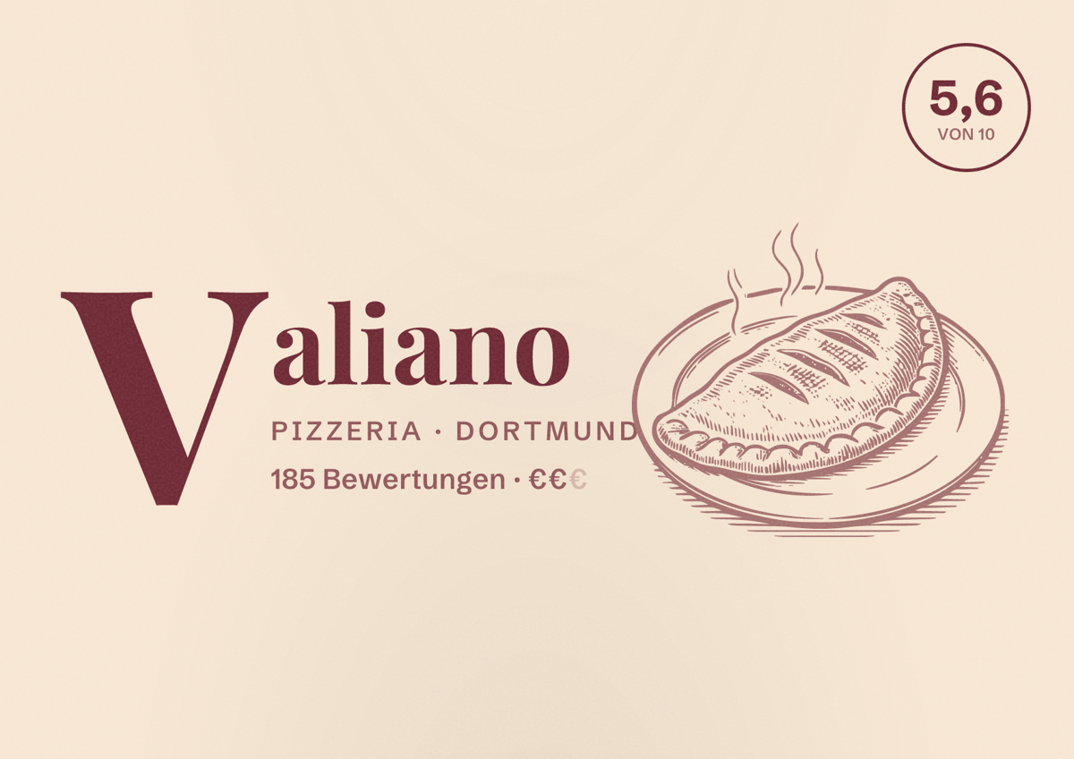 Illustriertes Poster von Valiano, Pizzeria in Dortmund: Bewertung 5,6 von 10 aus 185 Bewertungen, Preisniveau €€