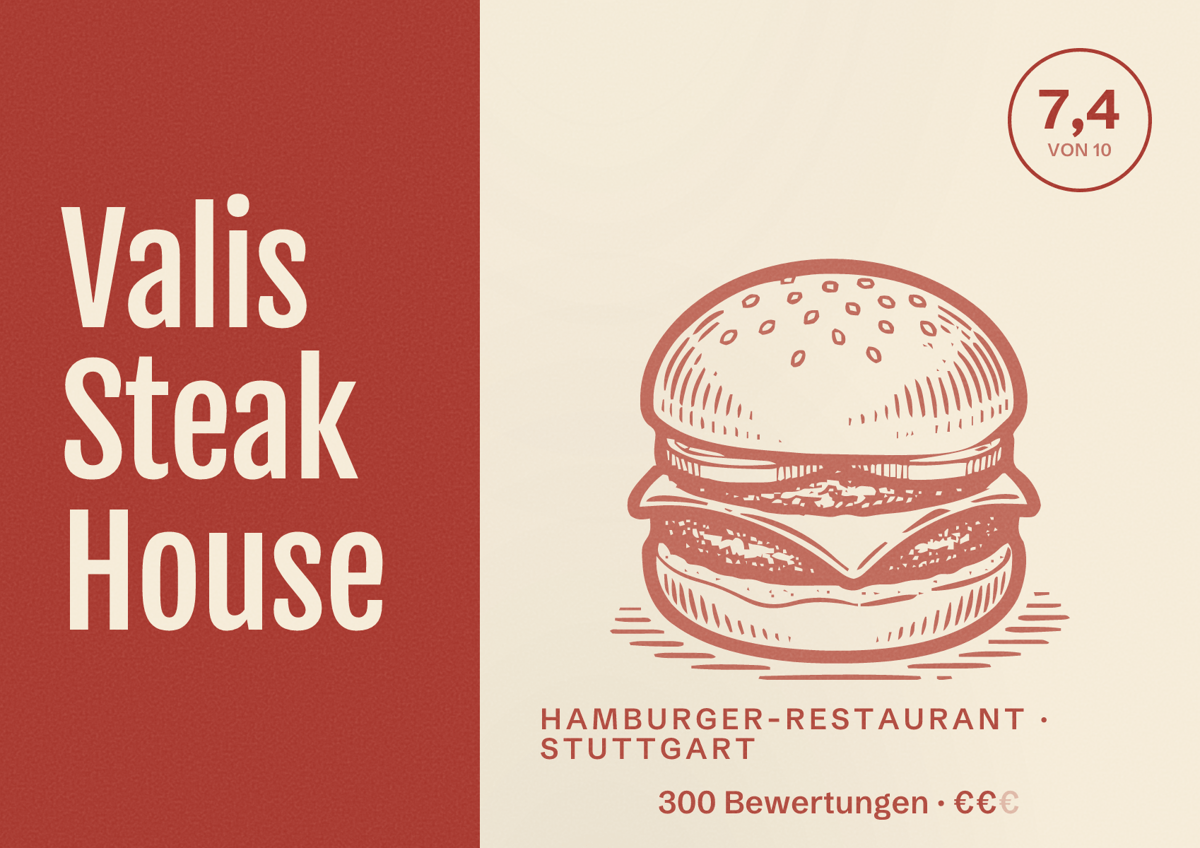 Illustriertes Poster von Valis Steak House, Hamburger-Restaurant in Stuttgart: Bewertung 7,4 von 10 aus 300 Bewertungen, Preisniveau €€