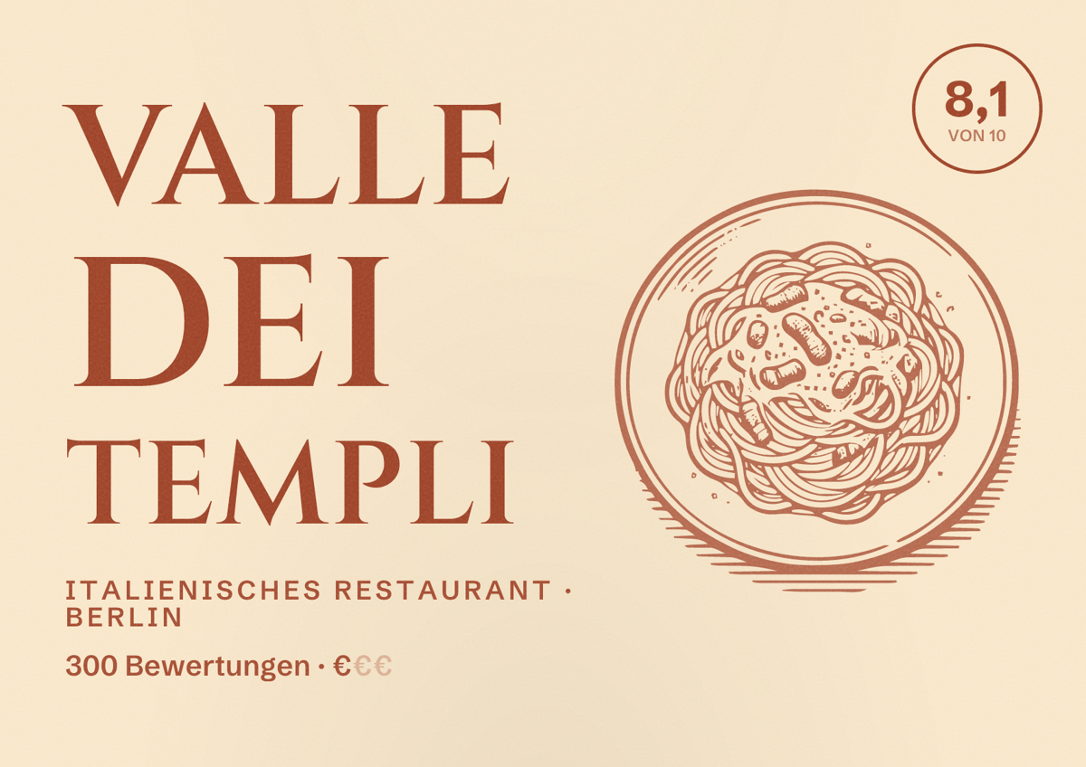Illustriertes Poster von Valle dei Templi, Italienisches Restaurant in Berlin: Bewertung 8,1 von 10 aus 300 Bewertungen, Preisniveau €