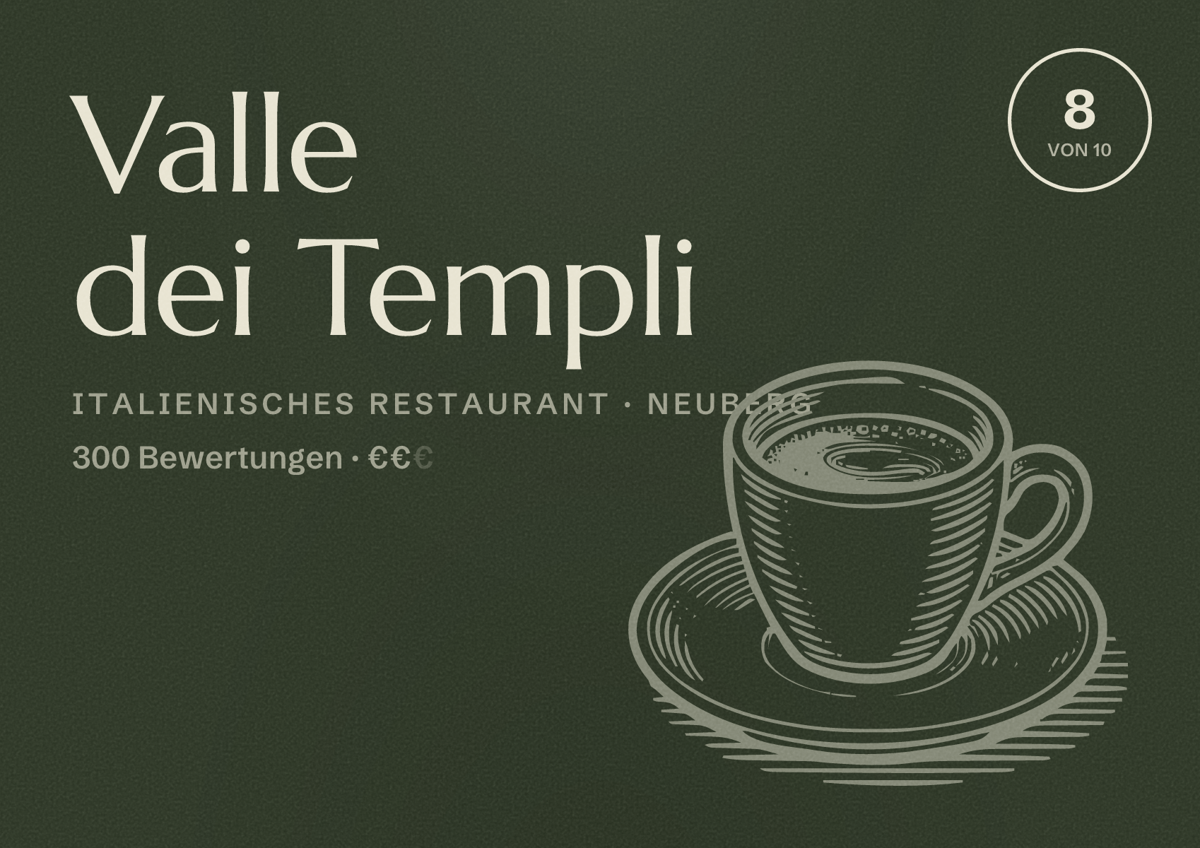Illustriertes Poster von Valle dei Templi, Italienisches Restaurant in Neuberg: Bewertung 8 von 10 aus 300 Bewertungen, Preisniveau €€