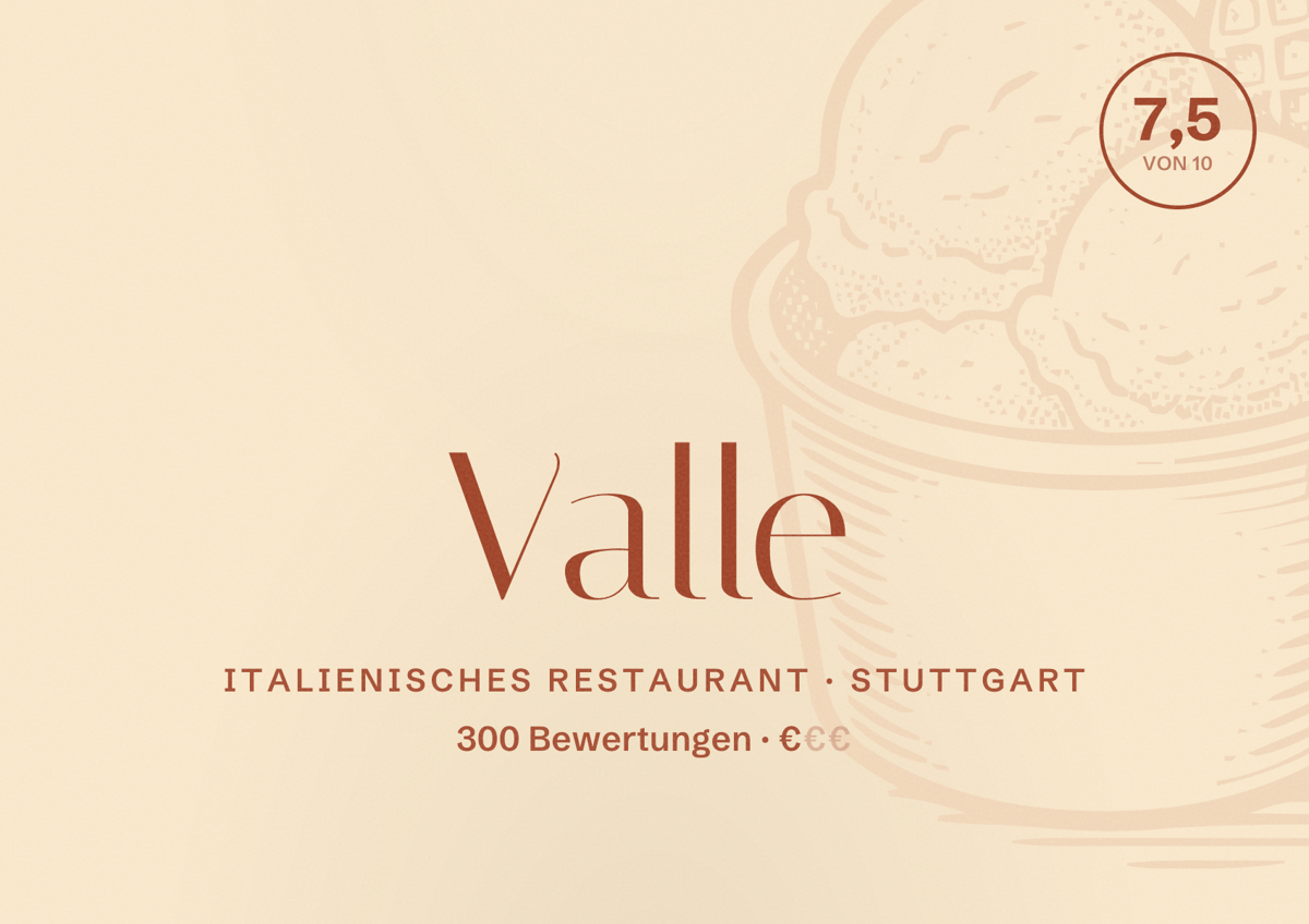 Illustriertes Poster von Valle, Italienisches Restaurant in Stuttgart: Bewertung 7,5 von 10 aus 300 Bewertungen, Preisniveau €