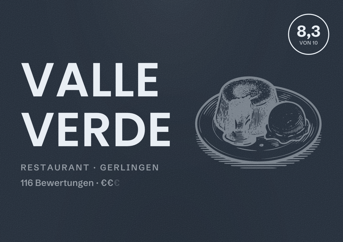 Illustriertes Poster von Valle Verde, Restaurant in Gerlingen: Bewertung 8,3 von 10 aus 116 Bewertungen, Preisniveau €€