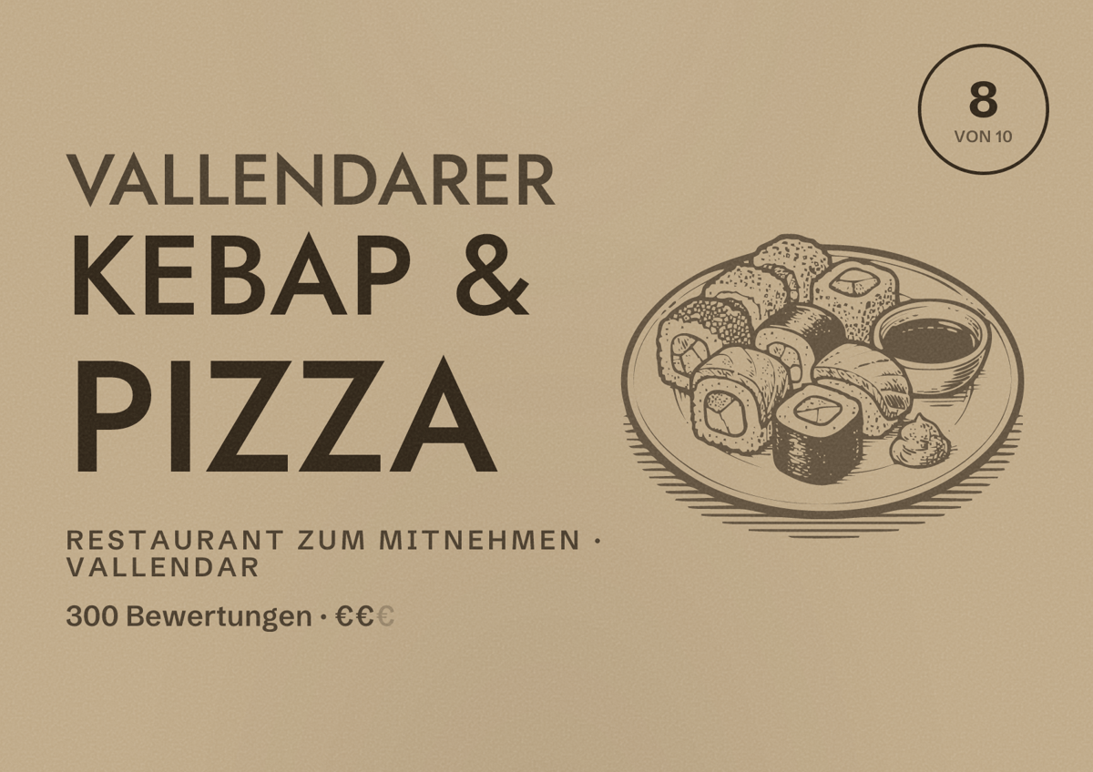 Illustriertes Poster von Vallendarer Kebap & Pizza, Restaurant zum Mitnehmen in Vallendar: Bewertung 8 von 10 aus 300 Bewertungen, Preisniveau €€