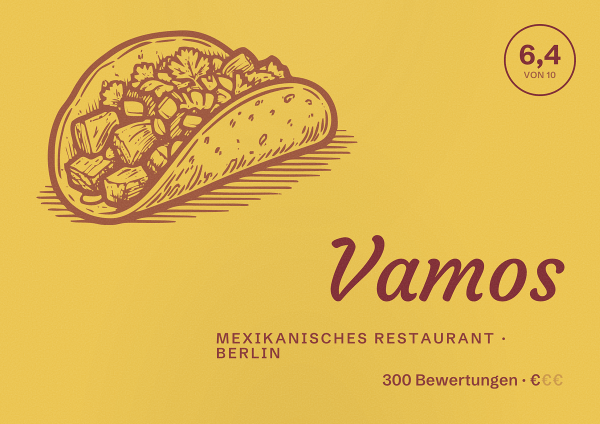 Illustriertes Poster von Vamos, Mexikanisches Restaurant in Berlin: Bewertung 6,4 von 10 aus 300 Bewertungen, Preisniveau €