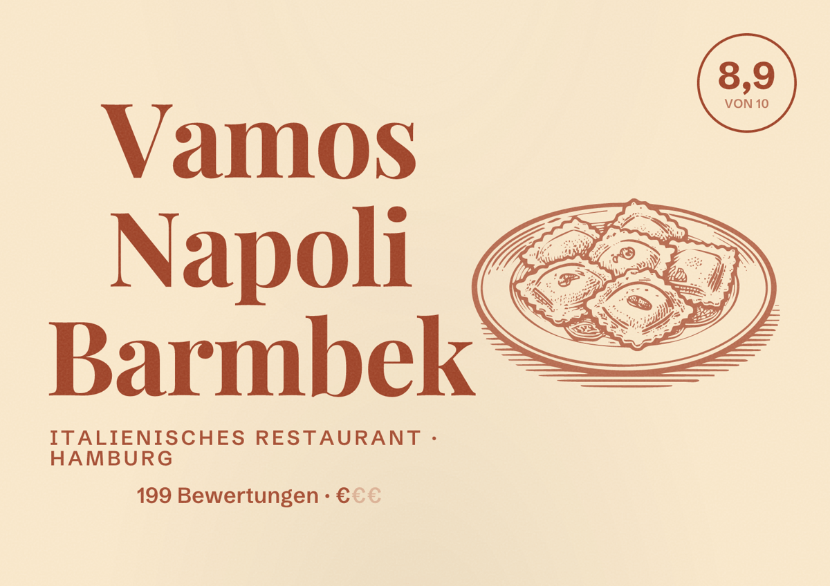 Illustriertes Poster von Vamos Napoli Barmbek, Italienisches Restaurant in Hamburg: Bewertung 8,9 von 10 aus 199 Bewertungen, Preisniveau €